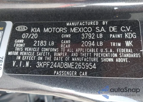 2021 Kia Forte Lxs from USA, damaged, VIN 3KPF24AD8ME265954